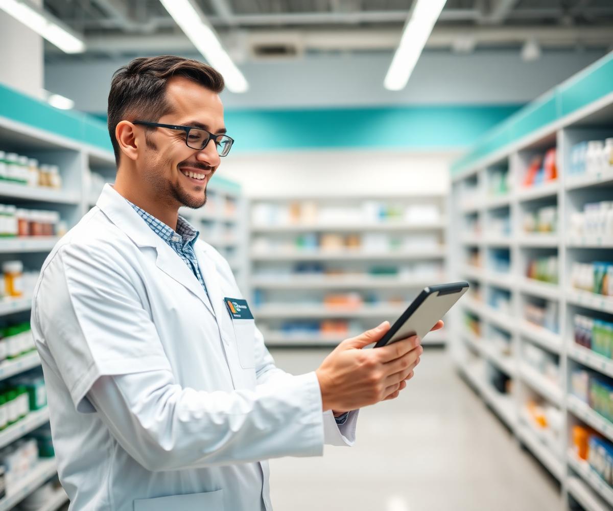 Pharmacist managing inventory on a tablet